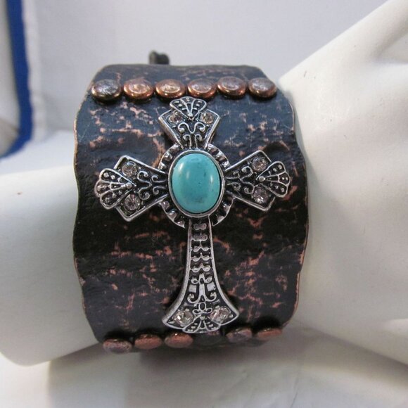 Faux Turquoise Copper Tone Cross Bracelet Adjustable - Picture 1 of 12